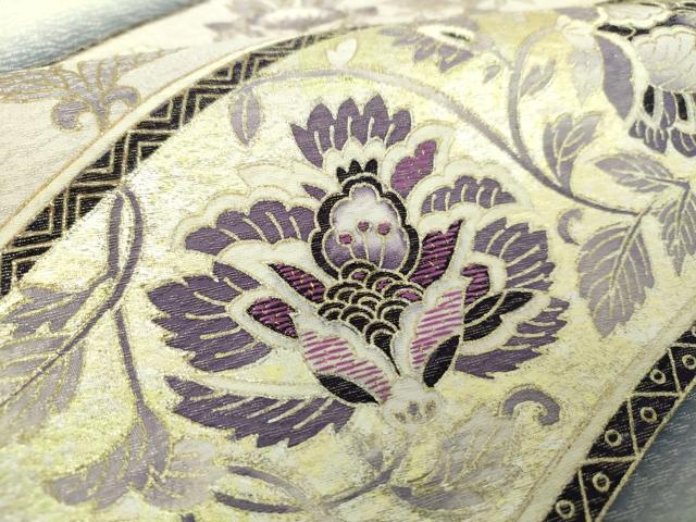 平和屋着物●九寸名古屋帯　刺繍　貝紫　更紗花文　金銀彩　銀通し地　正絹　逸品　未使用　DABE5335ps