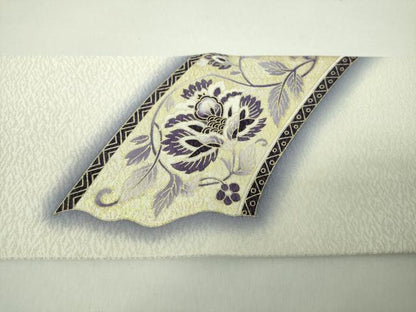 平和屋着物●九寸名古屋帯　刺繍　貝紫　更紗花文　金銀彩　銀通し地　正絹　逸品　未使用　DABE5335ps