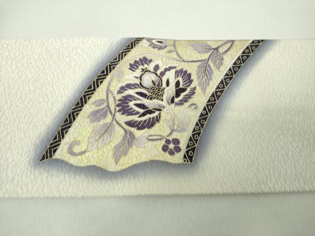 平和屋着物●九寸名古屋帯　刺繍　貝紫　更紗花文　金銀彩　銀通し地　正絹　逸品　未使用　DABE5335ps