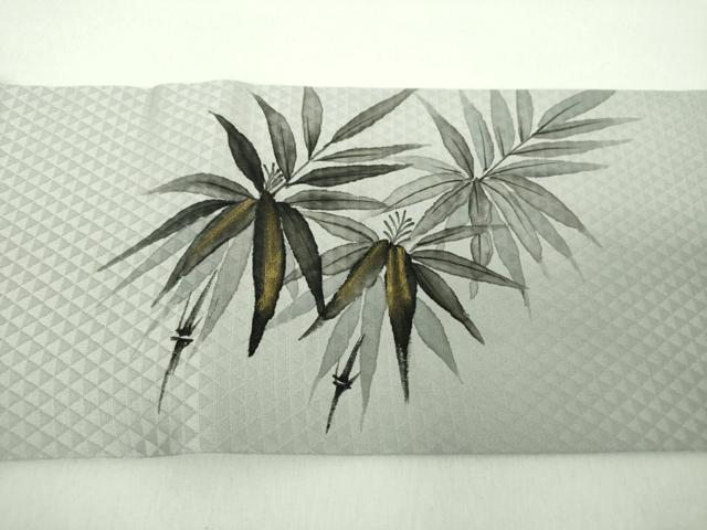 平和屋着物●九寸名古屋帯　作家物　手描き　笹竹文　金彩　正絹　逸品　DABE5337ps