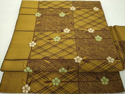 平和屋着物●本場筑前博多織　八寸名古屋帯　格子花文　正絹　逸品　DABE5339ps