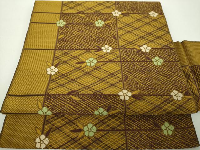 平和屋着物●本場筑前博多織　八寸名古屋帯　格子花文　正絹　逸品　DABE5339ps