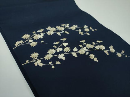 平和屋着物●塩瀬　九寸開き名古屋帯　総刺繍　枝花文　銀糸　正絹　逸品　DABE5349ps