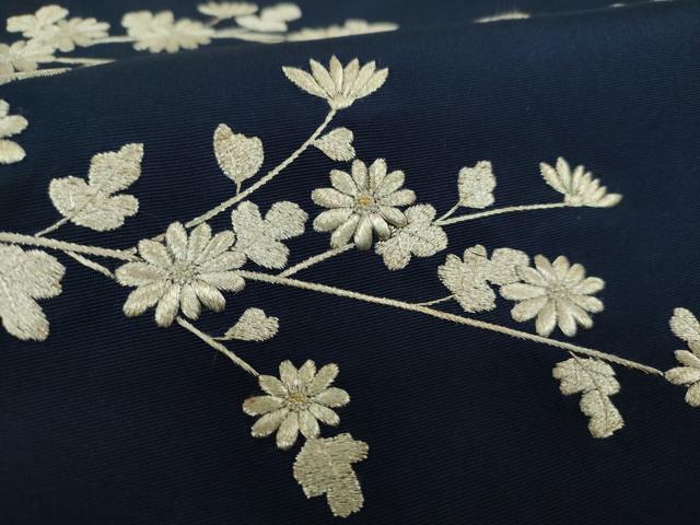 平和屋着物●塩瀬　九寸開き名古屋帯　総刺繍　枝花文　銀糸　正絹　逸品　DABE5349ps