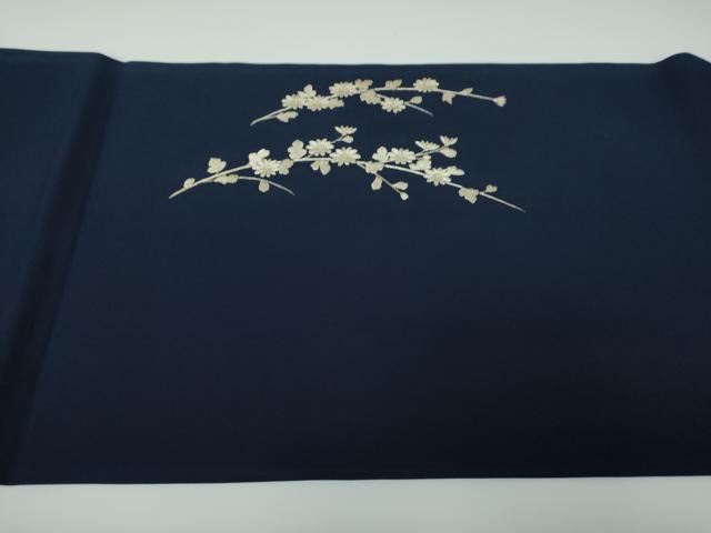 平和屋着物●塩瀬　九寸開き名古屋帯　総刺繍　枝花文　銀糸　正絹　逸品　DABE5349ps