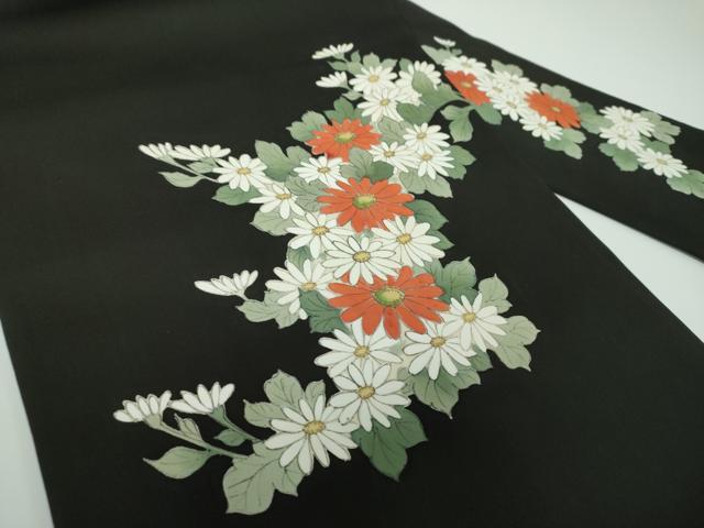 平和屋着物●塩瀬　九寸名古屋帯　手描き　草花文　黒地　金彩　正絹　逸品　DABE5350ps