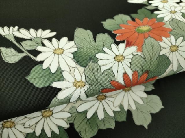 平和屋着物●塩瀬　九寸名古屋帯　手描き　草花文　黒地　金彩　正絹　逸品　DABE5350ps