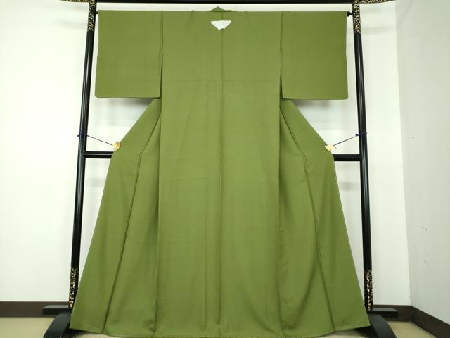 平和屋着物●上質な色無地　霞地紋　濃松葉色　正絹　逸品　DABE5370ps