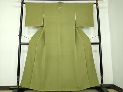 平和屋着物●上質な色無地　鬼しぼ縮緬　草色　正絹　逸品　DABE5375ps