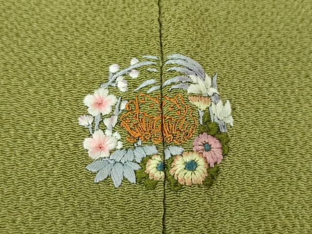 平和屋着物●上質な色無地　鬼しぼ縮緬　草色　正絹　逸品　DABE5375ps
