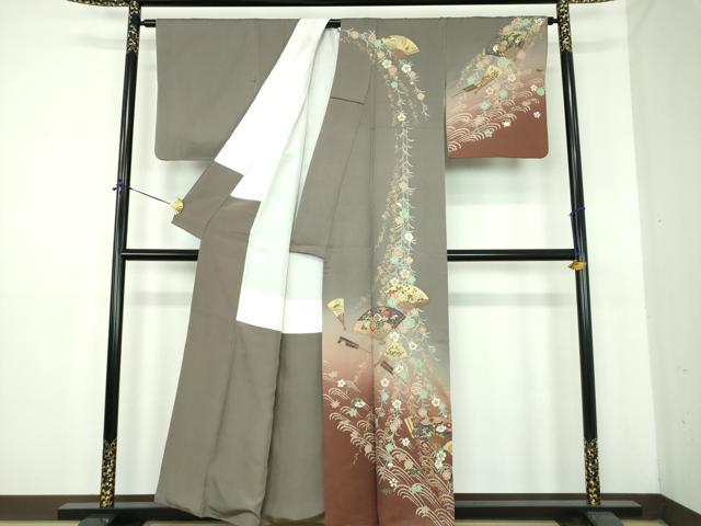 平和屋着物●訪問着　扇面花文　暈し染め　金彩　正絹　逸品　DABE5427ps