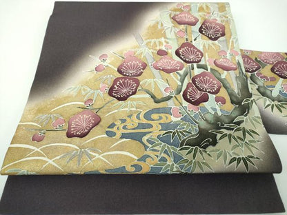 平和屋着物●九寸名古屋帯　光琳水梅松文　金彩　正絹　逸品　DABE5457ps