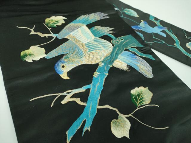 平和屋着物●アンティーク　大正ロマン　九寸名古屋帯　総手刺繍　鷹　黒地　金糸　正絹　逸品　DABE5460ps