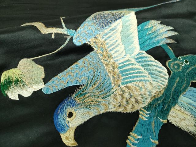 平和屋着物●アンティーク　大正ロマン　九寸名古屋帯　総手刺繍　鷹　黒地　金糸　正絹　逸品　DABE5460ps