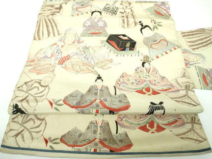 平和屋着物●アンティーク　大正ロマン　九寸名古屋帯　手描き　人物文　玩具文様　正絹　逸品　DABE5462ps