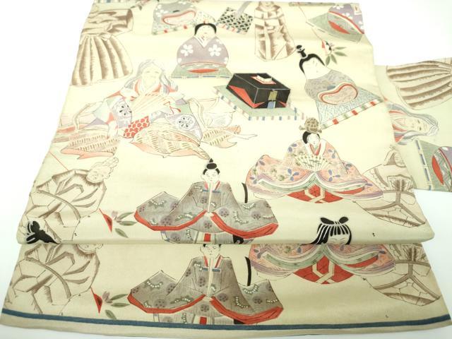 平和屋着物●アンティーク　大正ロマン　九寸名古屋帯　手描き　人物文　玩具文様　正絹　逸品　DABE5462ps