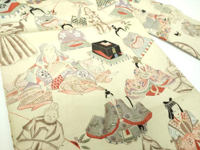 平和屋着物●アンティーク　大正ロマン　九寸名古屋帯　手描き　人物文　玩具文様　正絹　逸品　DABE5462ps