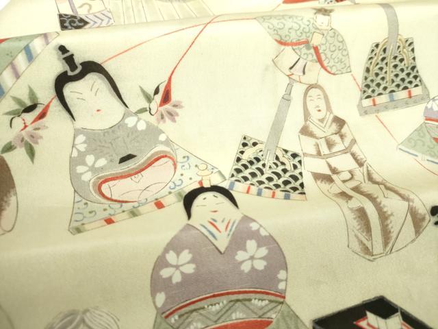 平和屋着物●アンティーク　大正ロマン　九寸名古屋帯　手描き　人物文　玩具文様　正絹　逸品　DABE5462ps
