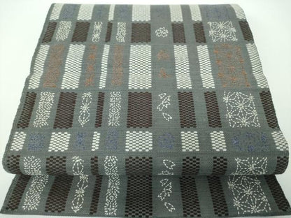 平和屋着物●八寸名古屋帯　紬地　刺し子　麻の葉花間道　正絹　逸品　DABE5464ps