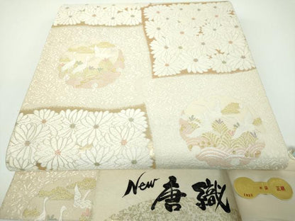 平和屋着物●西陣　田中義織物謹製　六通柄袋帯　唐織　九百芙蓉　市松菊花文　金銀糸　証紙付き　正絹　逸品　DABE5499ps