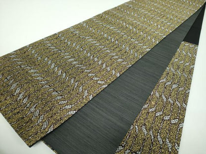 平和屋着物●六通柄袋帯　唐織　変わり間道　黒地　正絹　逸品　DABE5506ps