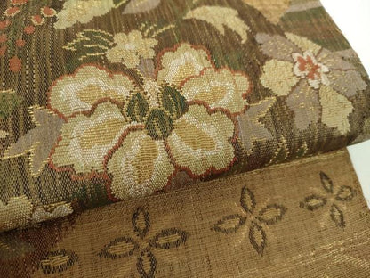 平和屋着物▽太鼓柄袋帯　スリーシーズン　春夏秋　櫛織り　花鳥菱文　金糸　正絹　逸品　DABE5509ps