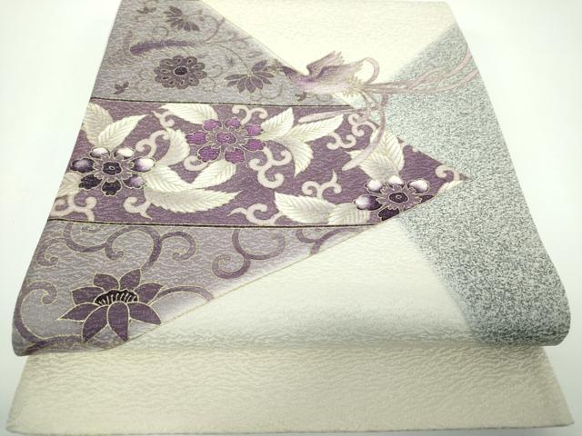 平和屋着物●太鼓柄袋帯　刺繍　貝紫　鳳凰花文　金彩　銀通し地　正絹　逸品　DABE5515ps