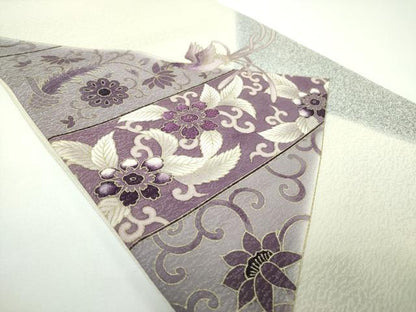 平和屋着物●太鼓柄袋帯　刺繍　貝紫　鳳凰花文　金彩　銀通し地　正絹　逸品　DABE5515ps