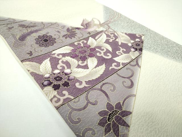 平和屋着物●太鼓柄袋帯　刺繍　貝紫　鳳凰花文　金彩　銀通し地　正絹　逸品　DABE5515ps