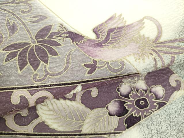 平和屋着物●太鼓柄袋帯　刺繍　貝紫　鳳凰花文　金彩　銀通し地　正絹　逸品　DABE5515ps