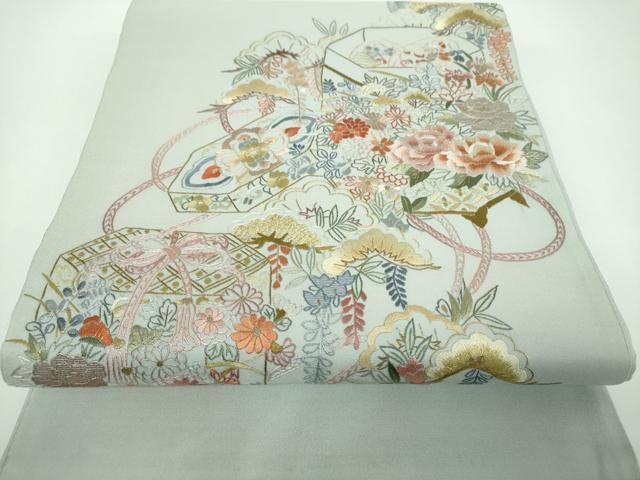 平和屋着物●太鼓柄袋帯　総刺繍　貝桶花文　金糸　正絹　逸品　未使用　DABE5518ps