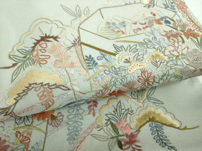 平和屋着物●太鼓柄袋帯　総刺繍　貝桶花文　金糸　正絹　逸品　未使用　DABE5518ps