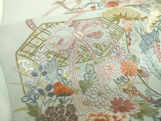 平和屋着物●太鼓柄袋帯　総刺繍　貝桶花文　金糸　正絹　逸品　未使用　DABE5518ps