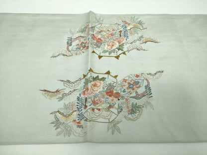 平和屋着物●太鼓柄袋帯　総刺繍　貝桶花文　金糸　正絹　逸品　未使用　DABE5518ps