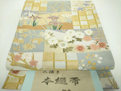 平和屋着物●爪掻き本綴れ　六通柄袋帯　変わり市松花文　金銀糸　証紙付き　正絹　逸品　未使用　DABE5538ps