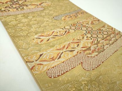 平和屋着物●西陣の名門　加納幸謹製　六通柄袋帯　唐織　霞飛鶴花文　金糸　引箔　正絹　逸品　DABE5544ps