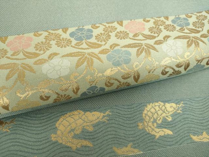 平和屋着物●両面　六通柄袋帯　名物裂　花兎　荒磯　笹蔓緞子　金糸　正絹　逸品　DABE5548ps