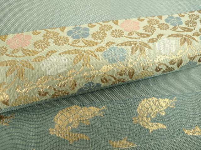 平和屋着物●両面　六通柄袋帯　名物裂　花兎　荒磯　笹蔓緞子　金糸　正絹　逸品　DABE5548ps