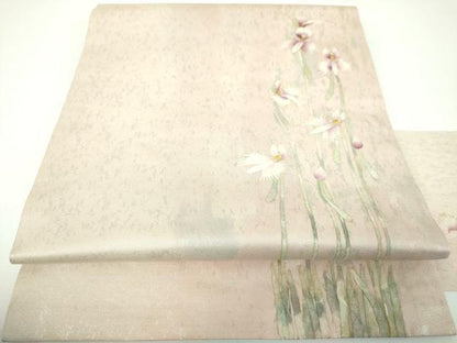 平和屋着物●九寸名古屋帯　作家物　和紙　サギ草　引箔　正絹　逸品　DABE5563ps
