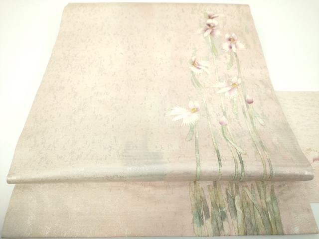 平和屋着物●九寸名古屋帯　作家物　和紙　サギ草　引箔　正絹　逸品　DABE5563ps