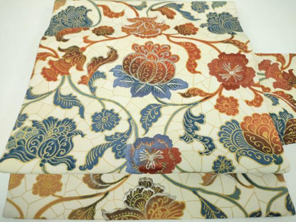 平和屋着物●九寸名古屋帯　刺繍　更紗花文　銀糸　正絹　逸品　DABE5569ps