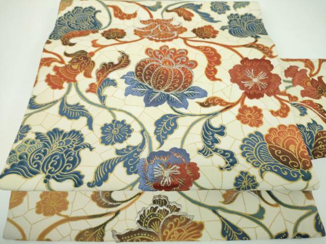 平和屋着物●九寸名古屋帯　刺繍　更紗花文　銀糸　正絹　逸品　DABE5569ps