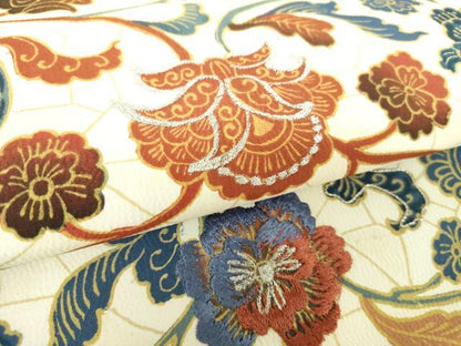 平和屋着物●九寸名古屋帯　刺繍　更紗花文　銀糸　正絹　逸品　DABE5569ps