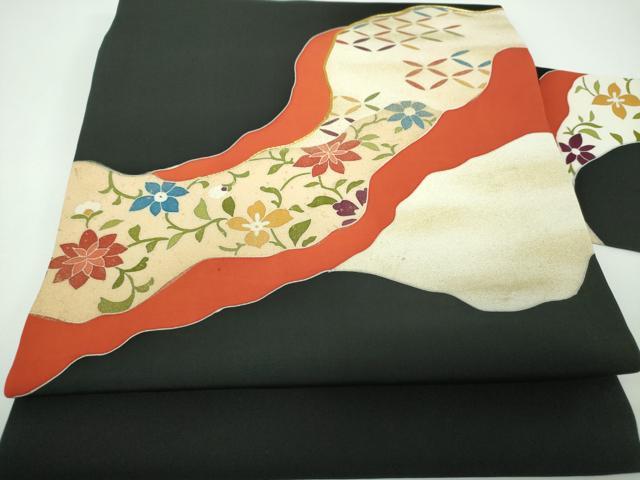 平和屋着物●塩瀬　九寸名古屋帯　駒刺繍　道長花文　黒地　金彩　正絹　逸品　DABE5572ps
