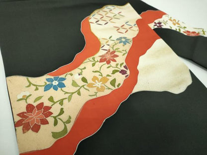 平和屋着物●塩瀬　九寸名古屋帯　駒刺繍　道長花文　黒地　金彩　正絹　逸品　DABE5572ps