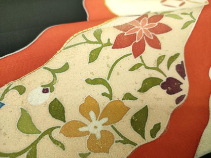 平和屋着物●塩瀬　九寸名古屋帯　駒刺繍　道長花文　黒地　金彩　正絹　逸品　DABE5572ps