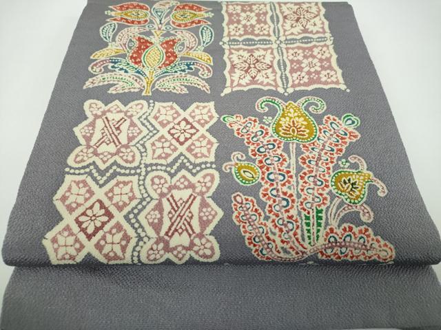 平和屋着物●九寸開き名古屋帯　型染　更紗花文　鬼しぼ縮緬　正絹　逸品　DABE5573ps
