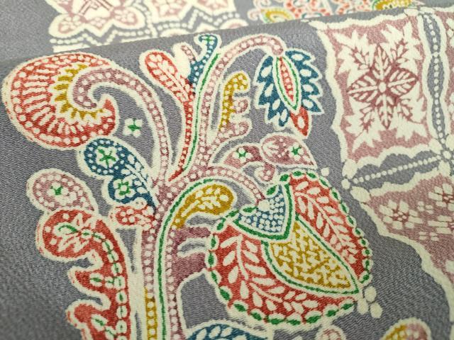 平和屋着物●九寸開き名古屋帯　型染　更紗花文　鬼しぼ縮緬　正絹　逸品　DABE5573ps