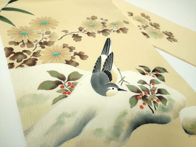 平和屋着物●九寸名古屋帯　休み鳥　南天　草花文　正絹　逸品　DABE5577ps