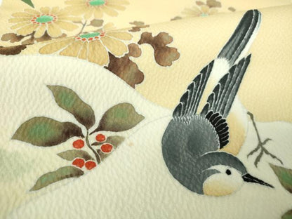平和屋着物●九寸名古屋帯　休み鳥　南天　草花文　正絹　逸品　DABE5577ps